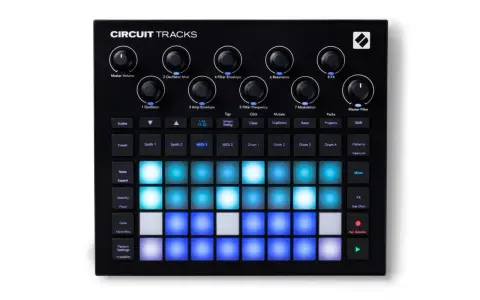 Novation Circuit Tracks – czarny kontroler MIDI z podświetlanymi padami, idealny do tworzenia muzyki elektronicznej.