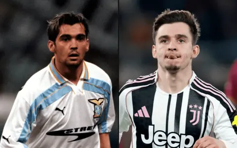 Dwóch piłkarzy: młody Sérgio Conceição w koszulce Lazio i Vlahović w stroju Juventusu.
