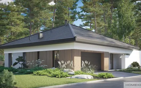 Nowoczesny dom z garażem, otoczony sosnami. Projekt homekoncept 97 g2 to marzenie o spokoju i komforcie.