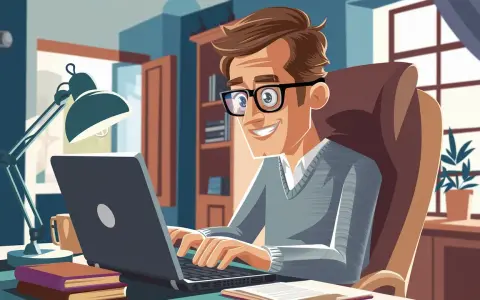 Uśmiechnięty mężczyzna w okularach uczy się programowania jak zacząć, pisząc na laptopie przy biurku.