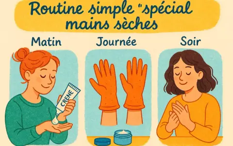 Routine simple pour les mains sèches : matin, journée avec gants et soir.