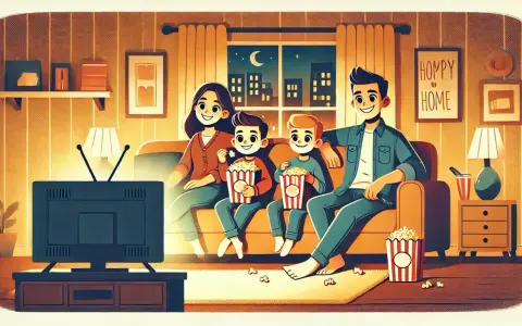 Rodzina ogląda telewizję, jedząc popcorn. Idealny wieczór z serialami do nauki angielskiego.