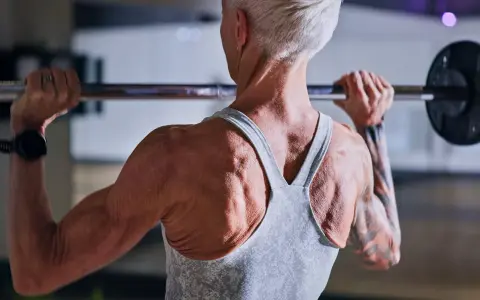 Stark ryggmuskulatur hos en kvinna som lyfter skivstång. Hon har tatuerade armar och en träningsklocka. För att bygga muskler är det viktigt med tillräckligt med gram protein per kg kroppsvikt.