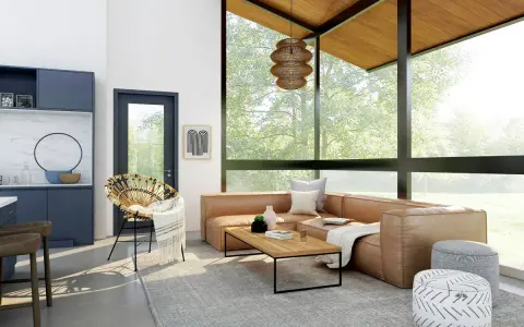 Sofá de cuero marrón, mesa de centro de madera, alfombra gris, silla de mimbre y pufs decorados con patrones, ejemplos de **ruido visual** en un salón moderno.