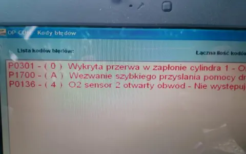 Lista kodów błędów Opel Meriva B: P0301 (przerwa w zapłonie), P1700 (wezwanie pomocy), P0136 (O2 sensor 2 otwarty obwód).