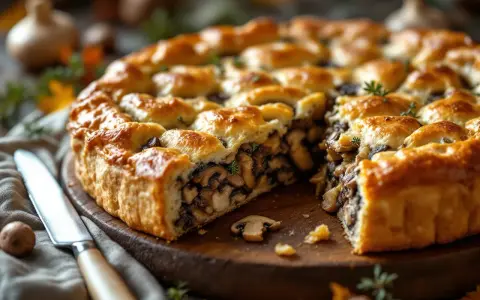 Une tourte aux champignons dorée et appétissante, coupée en part, révèle une garniture généreuse. Un couteau est posé à côté.
