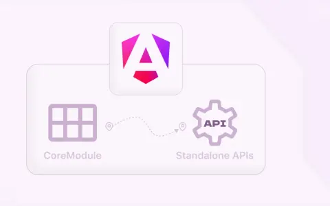 Angular-Logo über "CoreModule" und "Standalone APIs". Ein Pfeil verbindet die beiden Konzepte, was die Flexibilität eines angular standalone component zeigt.