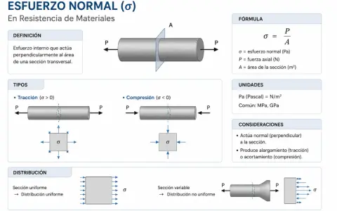 Diagrama de esfuerzo normal (σ) en resistencia de materiales. Muestra la fórmula σ = P/A, donde P es la fuerza axial, y tipos de tracción y compresión.