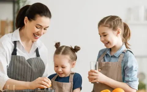 Mama z córkami robi sok pomarańczowy. To pyszne źródło witaminy A dla dzieci, które wspiera ich rozwój i odporność.