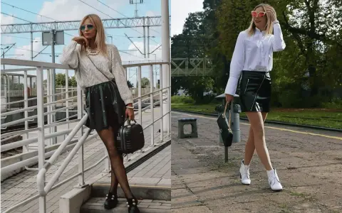 Dwie kobiety prezentują skórzana spódnica stylizacje na imprezę. Jedna w swetrze i z perełkami, druga w białej koszuli i z białymi botkami.