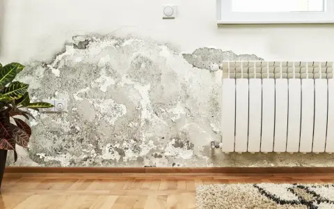 Widok na ścianę z rozległym, ciemnym nalotem, przypominającym grzyb. Obok gniazdka elektryczne i kaloryfer.