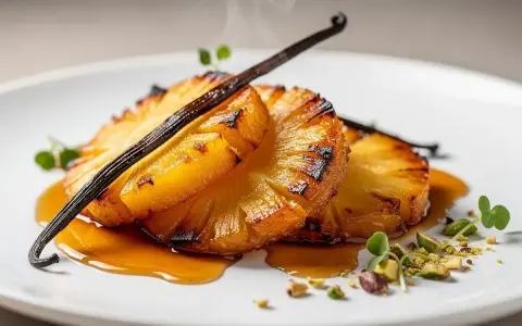 Ananas rôti à la poêle, caramélisé et fumant, garni d'une gousse de vanille et de pistaches concassées. Un délice visuel et gustatif.