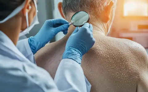 Dermatolog w rękawiczkach bada powiększoną lupą skórę szyi pacjenta z licznymi włókniakami.