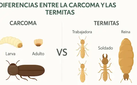 Ilustración compara la carcoma (larva, adulto) con las termitas (trabajadora, soldado, reina).