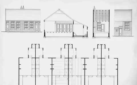 Rysunki architektoniczne: elewacje, przekrój i rzut parteru budynku. Pokazują rozmieszczenie pomieszczeń i ich całkowita powierzchnia.