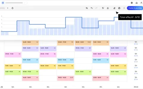 Tableau de bord d'une appli planning affichant un graphique de charge de travail et un emploi du temps détaillé par employé.