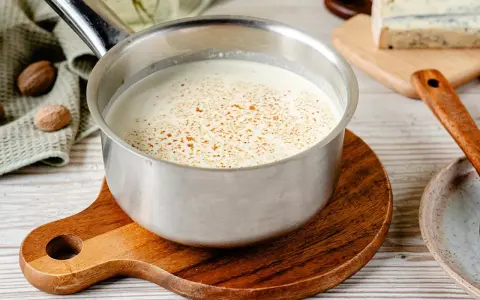 Cremige Gorgonzola-Sauce in einem Topf, bestreut mit Gewürzen. Daneben liegen Muskatnüsse und ein Stück Gorgonzola.