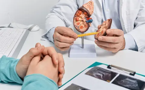 Lekarz wyjaśnia pacjentowi budowę nerki, omawiając szczegóły przed biopsją nerki.