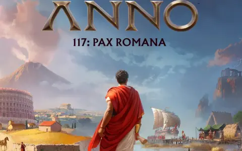 Un hombre con toga mira un paisaje que evoca el anno 117 pax romana, con un coliseo, un volcán y un asentamiento costero.