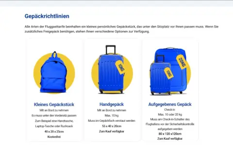 Ryanair: bagaż rejestrowany 10 kg lub 20 kg do odprawy. Dostępne są też bagaże podręczne i małe torebki.