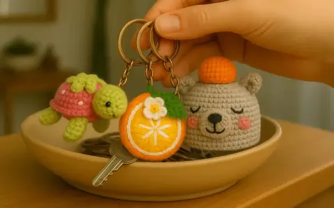 Llaveros a crochet para hombres: una tortuga fresa, una rodaja de naranja y un osito con gorro.