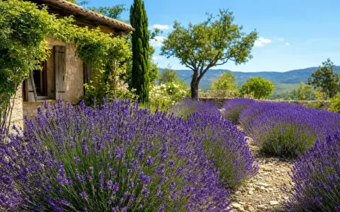 Un champ de lavande en fleurs devant une maison en pierre, sous un ciel bleu. Quelle terre pour la lavande !