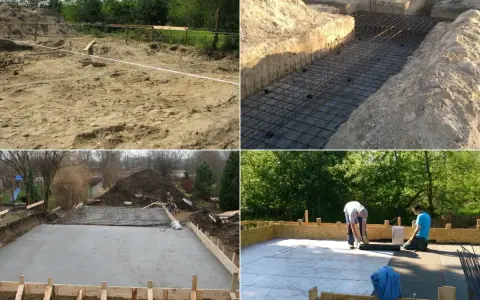 Budowa fundamentów na gruntach słabonośnych: wykop, zbrojenie, betonowanie i izolacja.