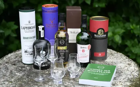 Laphroaig Aussprache: Eine Auswahl schottischer Single Malts, darunter Laphroaig Quarter Cask, Ardbeg 8, Bunnahabhain 12 und mehr, bereit für eine Verkostung.