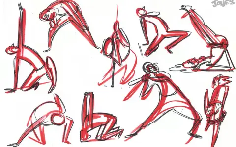 Snabb skiss av kroki bilder i rött och svart. Figurer i olika poser, som en basebollspelare och någon som gör yoga.