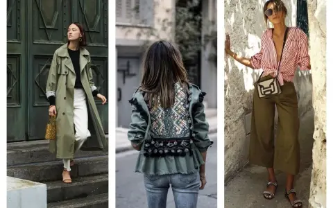 Trois looks stylés : trench kaki avec pantalon blanc, veste kaki brodée, et pantalon kaki avec chemise rayée. Quelle couleur avec le kaki ? Le blanc, le rouge, et les motifs ethniques !