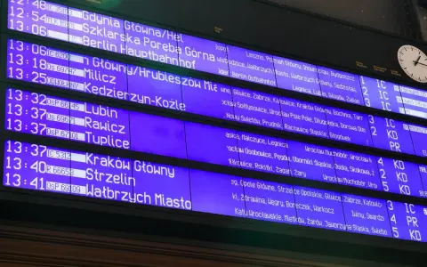 Tablica odjazdów Wrocław Główny pokazuje pociągi do Gdyni, Berlina, Lubina, Rawicza, Tuplic, Krakowa, Strzelina i Wałbrzycha.