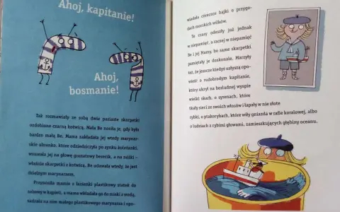 Niesamowite przygody dziesięciu skarpetek streszczenie: dwie pasiaste skarpetki z kotwicami, które kiedyś nosiła mała Be, wspominają morskie opowieści.