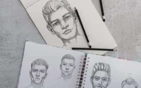Un dégradé avec dessin de visages d'hommes au crayon. Des croquis de portraits sur un carnet ouvert, avec des crayons posés.