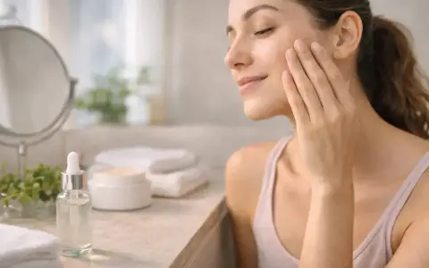 Une femme applique délicatement un sérum sur son visage, un geste simple pour apprendre comment appliquer un sérum et sublimer sa peau.