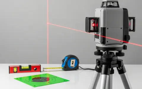 Poziomica laserowa z czerwonymi liniami, miarką, tarczą celowniczą i poziomicą libellową.