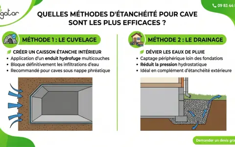 Méthode 1 : Le cuvelage, pour créer un caisson étanche intérieur. Méthode 2 : Le drainage, pour dévier les eaux.
