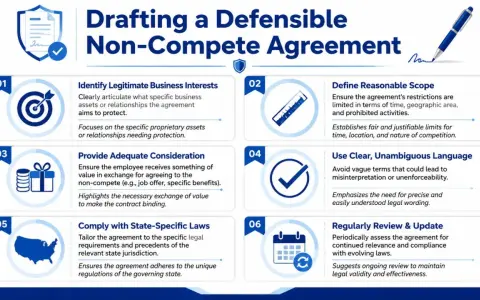 Infographic on drafting a defensible non-compete agreement, detailing 6 key steps: identify interests, define scope, provide consideration, use clear language, comply with laws, and review/update.