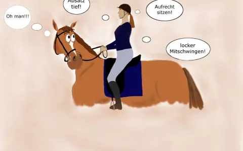Reiterin mit Pferd, die an ihren leichten Sitz denkt: "Absatz tief!", "Aufrecht sitzen!", "locker mitschwingen!".