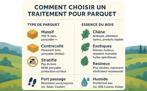 Guide pour choisir quel produit pour traiter le bois de parquet : types de parquets (massif, contrecollé, stratifié, fort passage) et essences de bois (chêne, exotiques, résineux, humide).