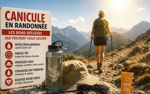 Panneau "Canicule en randonnée" avec conseils. Bouteille d'eau, chapeau, lunettes et crème solaire sur le sentier. Randonneuse s'éloigne sous le soleil.