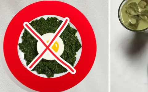 Grüner Spinat mit Spiegelei auf Teller, durchgestrichen. Ein grünes Getränk mit Eiswürfeln daneben. Kein Essen am **Donnerstag vor Ostern**?
