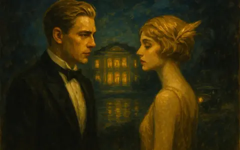 Coppia elegante davanti a una villa illuminata, evocando la trama de "Il grande Gatsby" e i suoi sogni dorati.