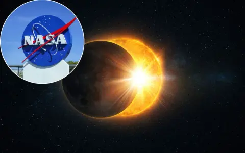 Logo NASA obok spektakularnego zaćmienia Słońca i Księżyca.