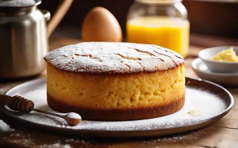 Gâteau génoise saupoudré de sucre glace, prêt à être dégusté. Les ingrédients pour sa cuisson sont visibles en arrière-plan.