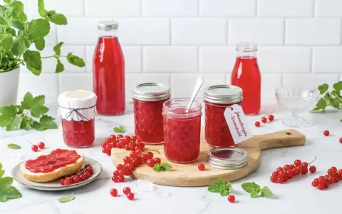 Johannisbeergelee, frisch zubereitet im Thermomix, strahlt in Gläsern und Flaschen. Ein Genuss für Brot und Desserts.