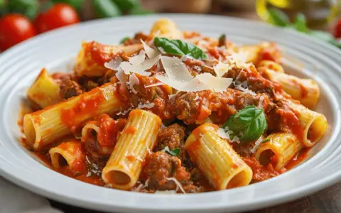 Macarrones con carne picada, cubiertos con salsa de tomate y queso rallado, adornados con hojas de albahaca fresca. ¡Un plato delicioso!
