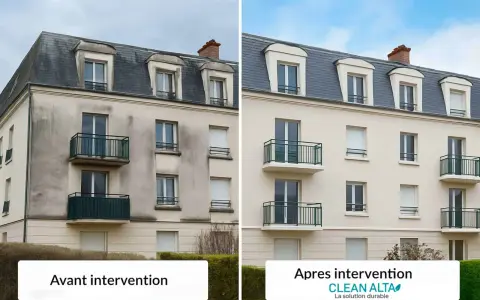 Comparaison avant/après d'un **nettoyage façade**. L'immeuble passe d'un aspect sale et gris à une apparence propre et lumineuse, comme neuve.