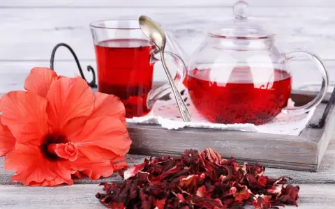 Orzeźwiająca herbatka z hibiskusa, podana w szklanym dzbanku i kubku, obok świeżego kwiatu i suszonych płatków.