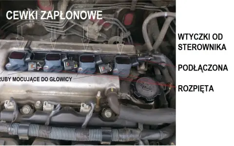 Cewki zapłonowe w samochodzie, przykręcone do głowicy. Widać wtyczki od sterownika, podłączone i rozpięte.