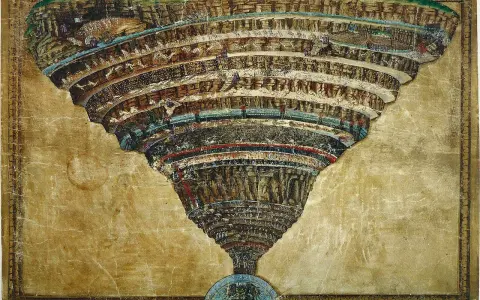 Illustrazione dettagliata de l'inferno di Dante, con i suoi gironi a imbuto e le anime dannate.